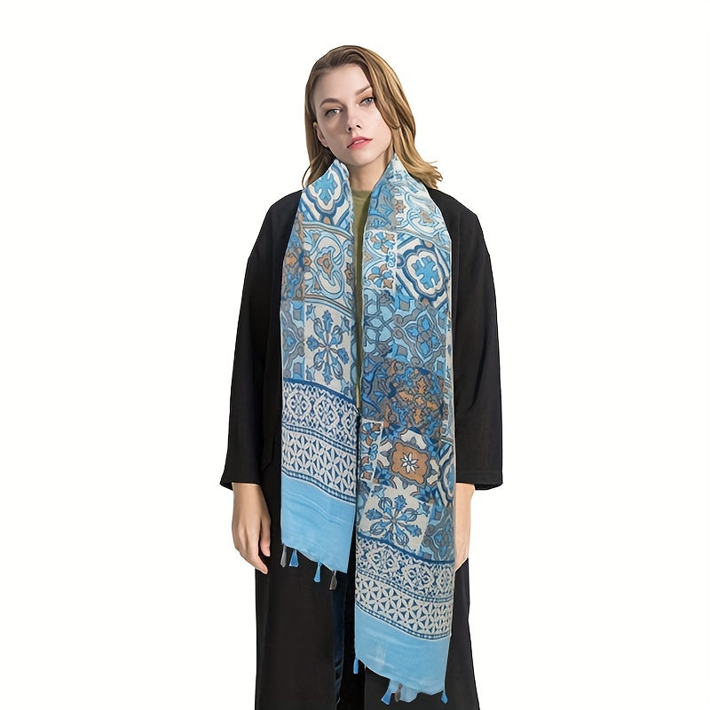 Boho Tassel Scarf Vintage Flower Print Shawl