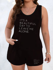  Slogan Print Tank Top & Drawstring Shorts Set
