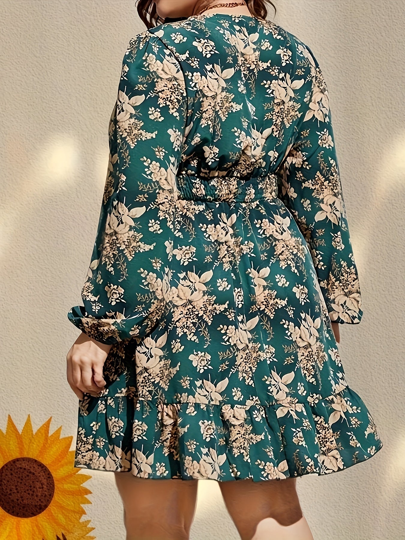  Floral Print Long Sleeve Surplice Neck Mini Dress