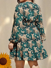  Floral Print Long Sleeve Surplice Neck Mini Dress