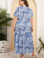 Toile Print Short Sleeve V Neck Plus Size Dress