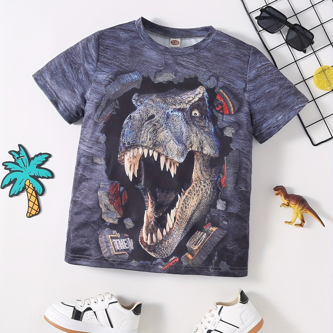 Boys' Dino Print Tee - Comfortable and Stylish Crew Neck T-shirt for Summer