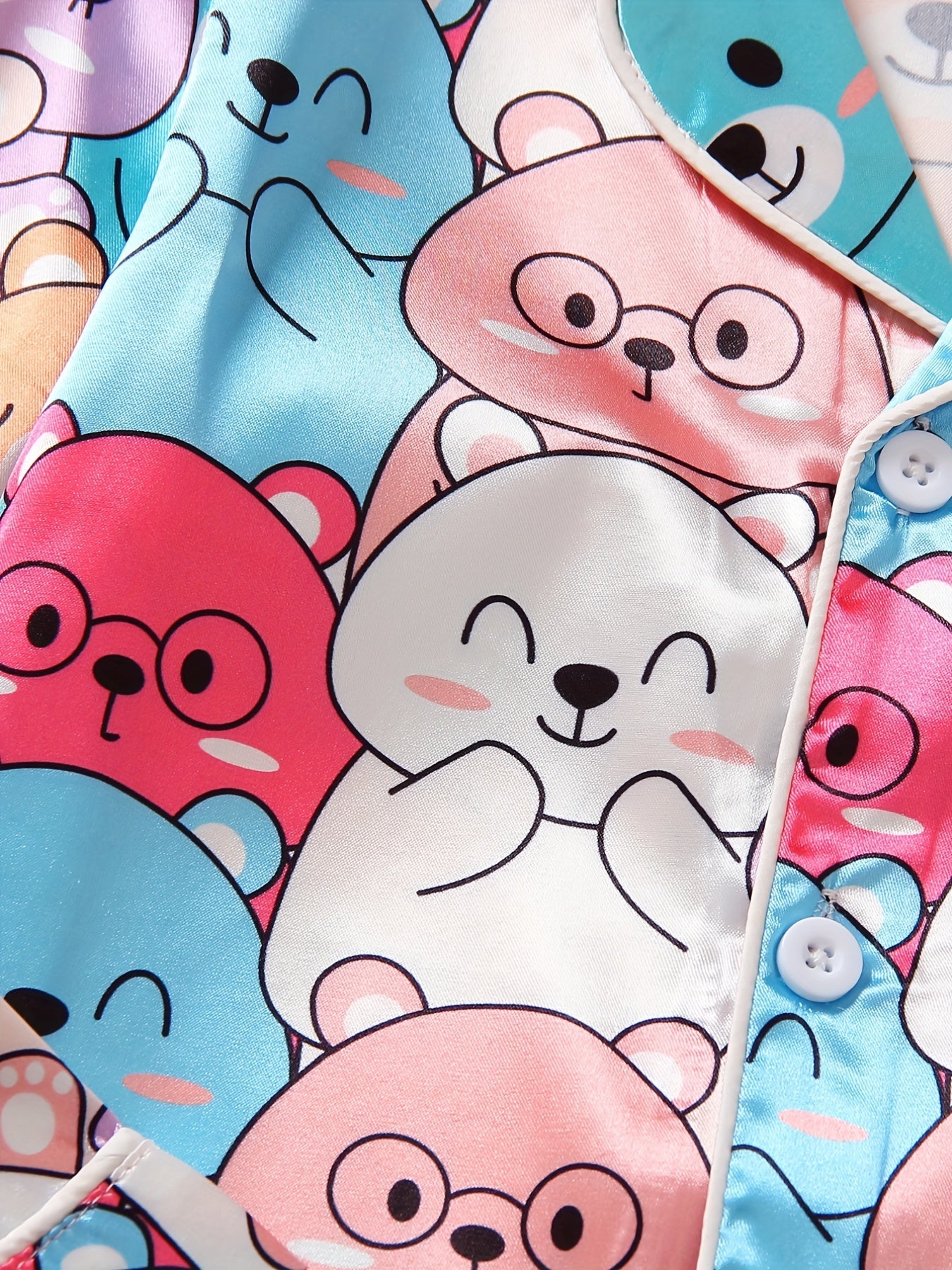 Kids 2pcs Bear Print Pajamas Button Front Long Sleeve Top & Pants Set