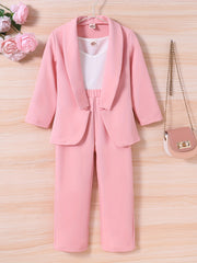 Girls 3pcs Blazer & Camisole & Pants Set Solid Long Sleeve Coat Top Kids Clothes