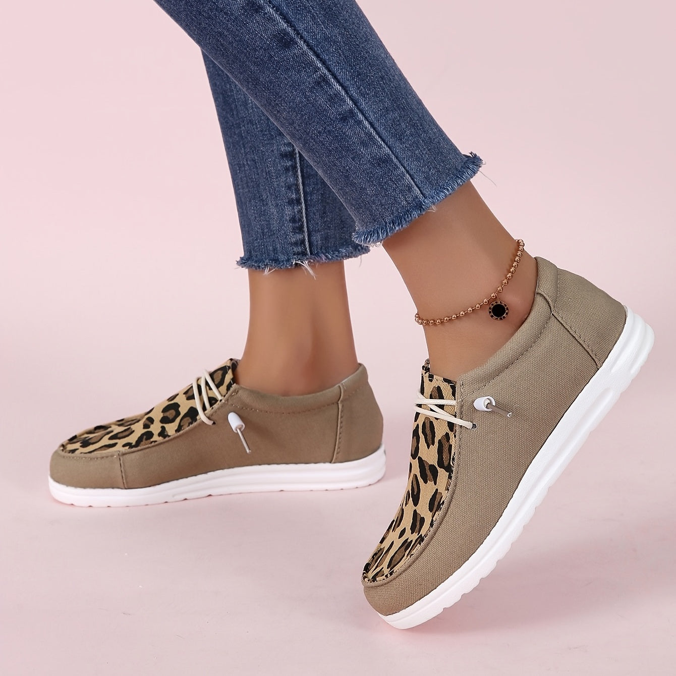Leopard Print Loafers Lace Up Flat Canvas Shoes Lightweight