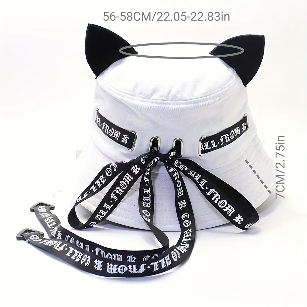 Gothic Cat Ear Bucket Hat Foldable Basin Hats Adjustable Sunscreen Fisherman Cap