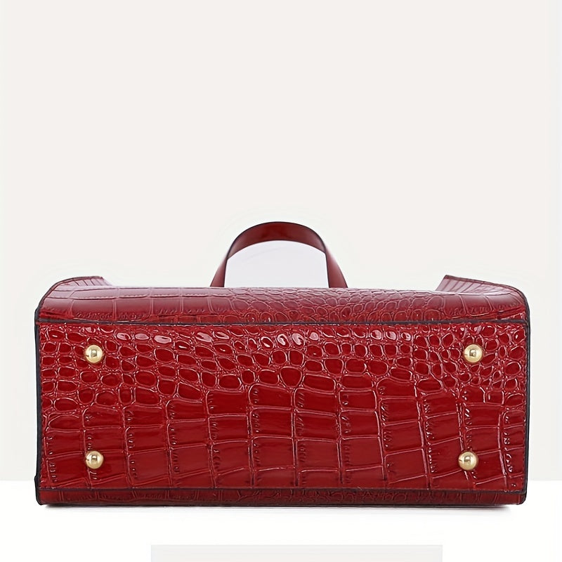 Crocodile Embossed Handbag With Pouch Large Tote Bag PU Leather Crossbody Bag