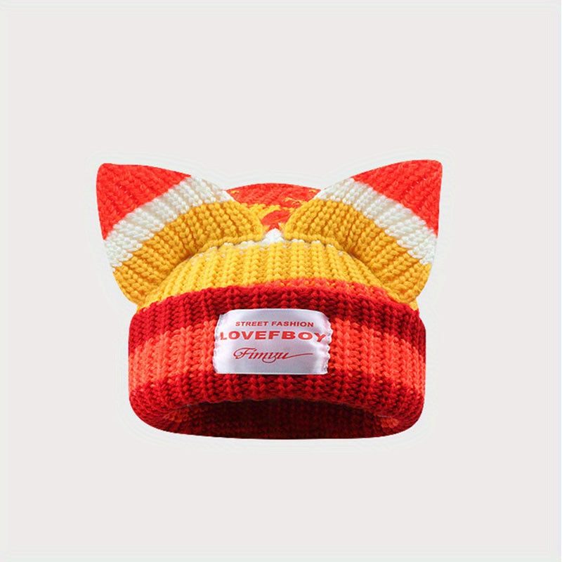 Y2K Block Knitted Beanie Pig Ears Warm Skull Cap Unisex Hip Hop