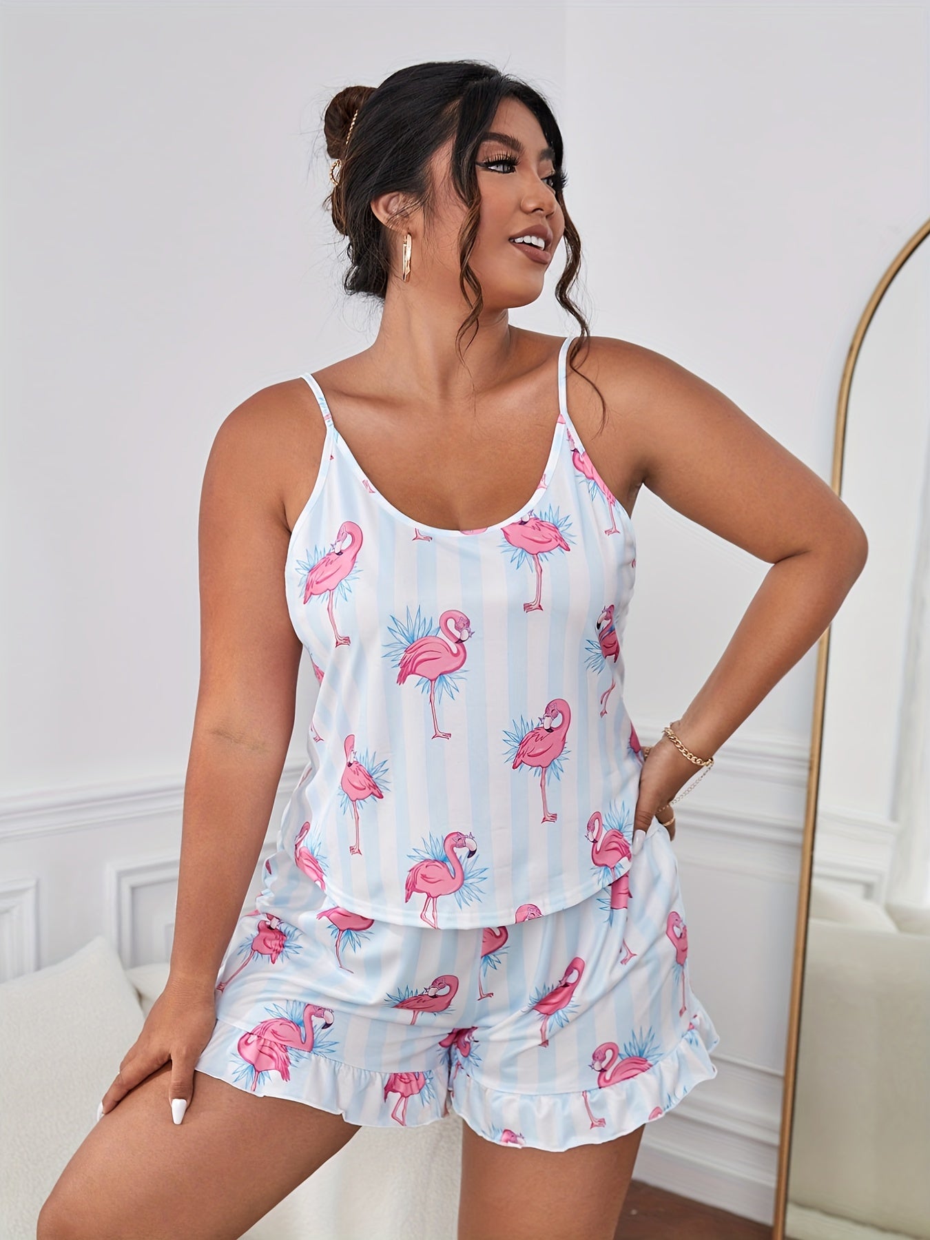  Stripe & Flamingo Print Cami & Shorts Lounge Set