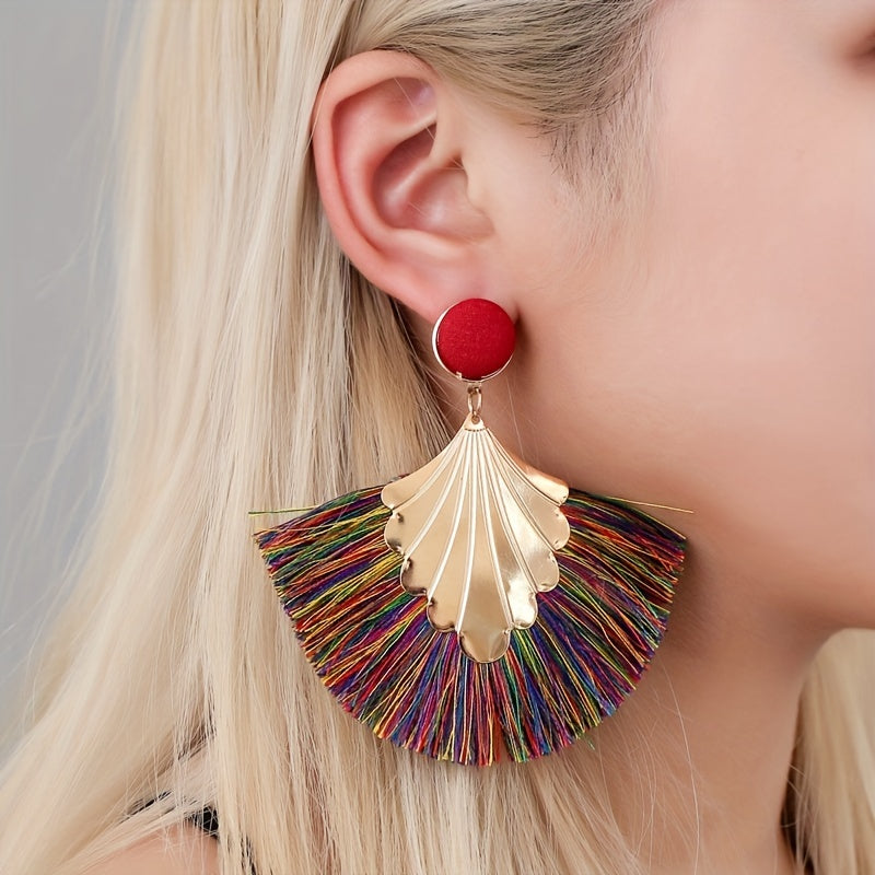 Fan Shape Tassel Retro Boho Dangle Earrings Alloy 18K Plated