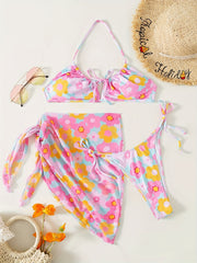 Digital Floral Print Bikini Set with Sheer Wrap Skirt