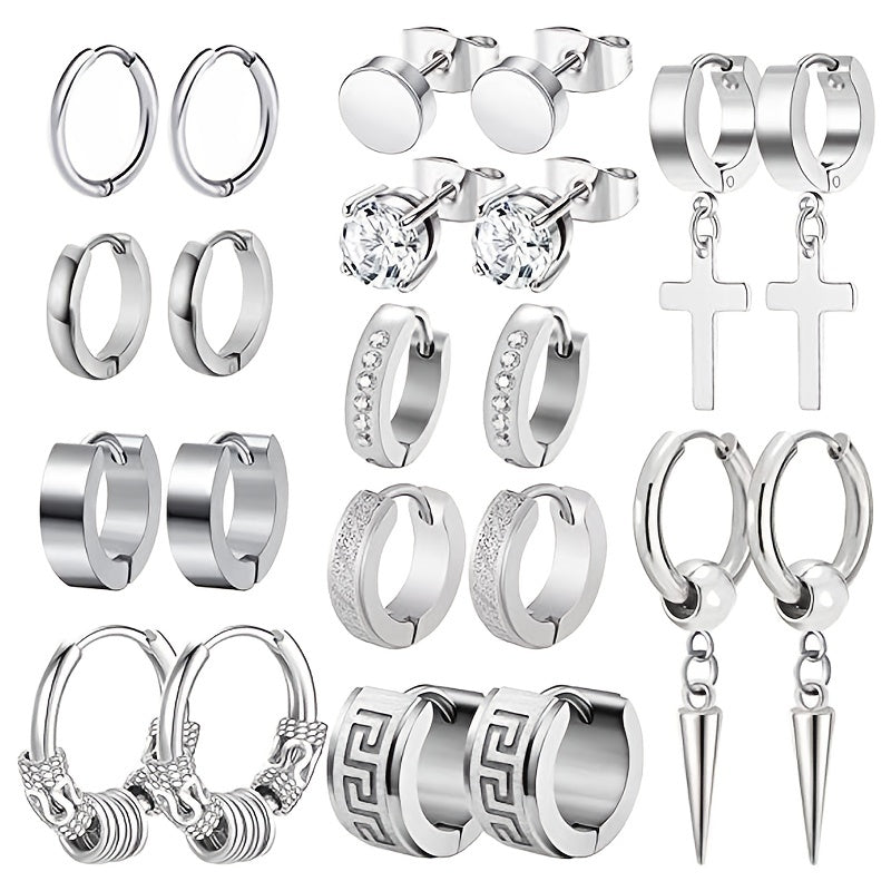 11 Pairs Stainless Steel Small Hoop Cross Hanging Earrings Set