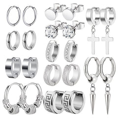 11 Pairs Stainless Steel Small Hoop Cross Hanging Earrings Set