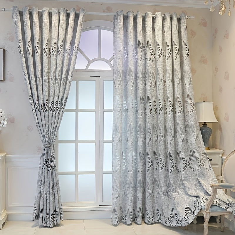 European Curtain Retro Grey Feather Leaves Jacquard Curtain for Home Decor
