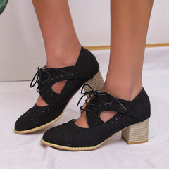 Women's Chunky Heels Perforated Brogues Retro Lace Up Stacked Mid Heels