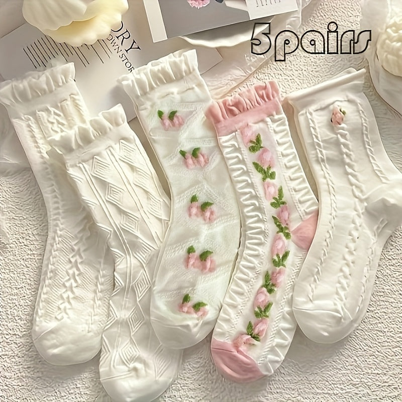 5 Pairs Floral Print Socks for Women
