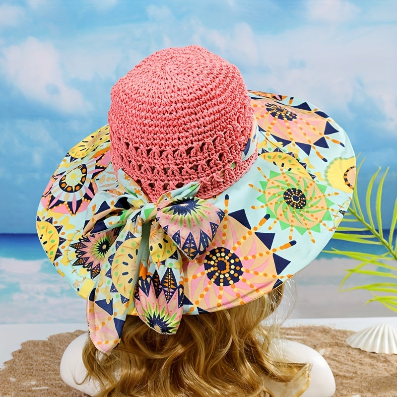 Boho Print Stitching Sun Hat Wide Brim Vintage Crochet Straw Hat