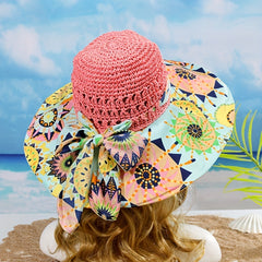 Boho Print Stitching Sun Hat Wide Brim Vintage Crochet Straw Hat