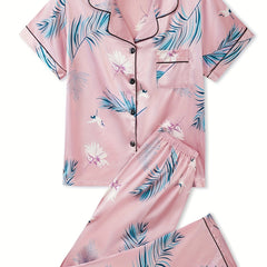 Floral Print Lounge Set Short Sleeve Top & Pants Women's Loungewear
