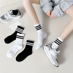 6 Pairs Striped Sports Socks Breathable Mid Tube Women's Stockings