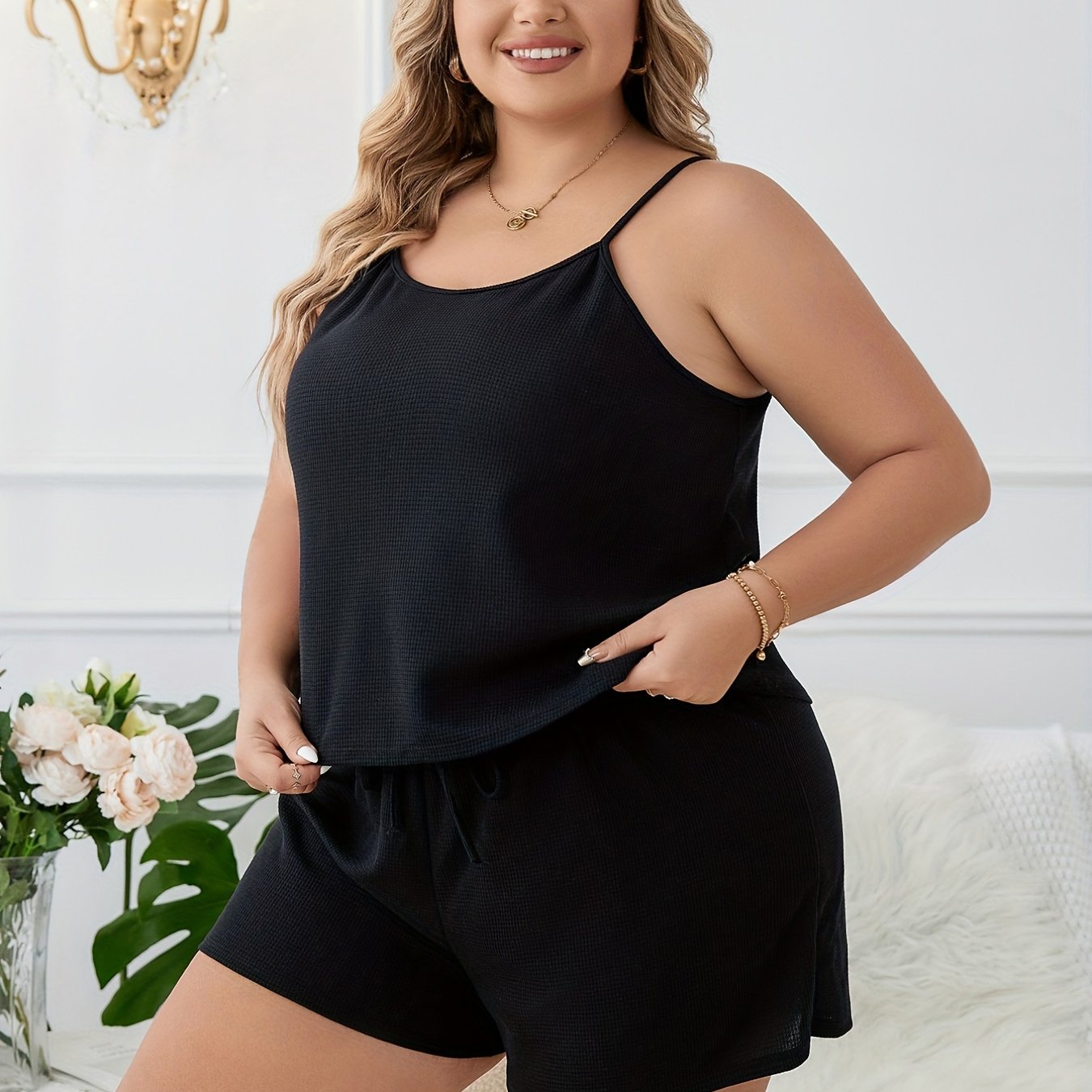  Waffle Knit Cami Top & Tie Shorts Pajama Set