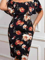  Floral Print Off Shoulder Midi Dress