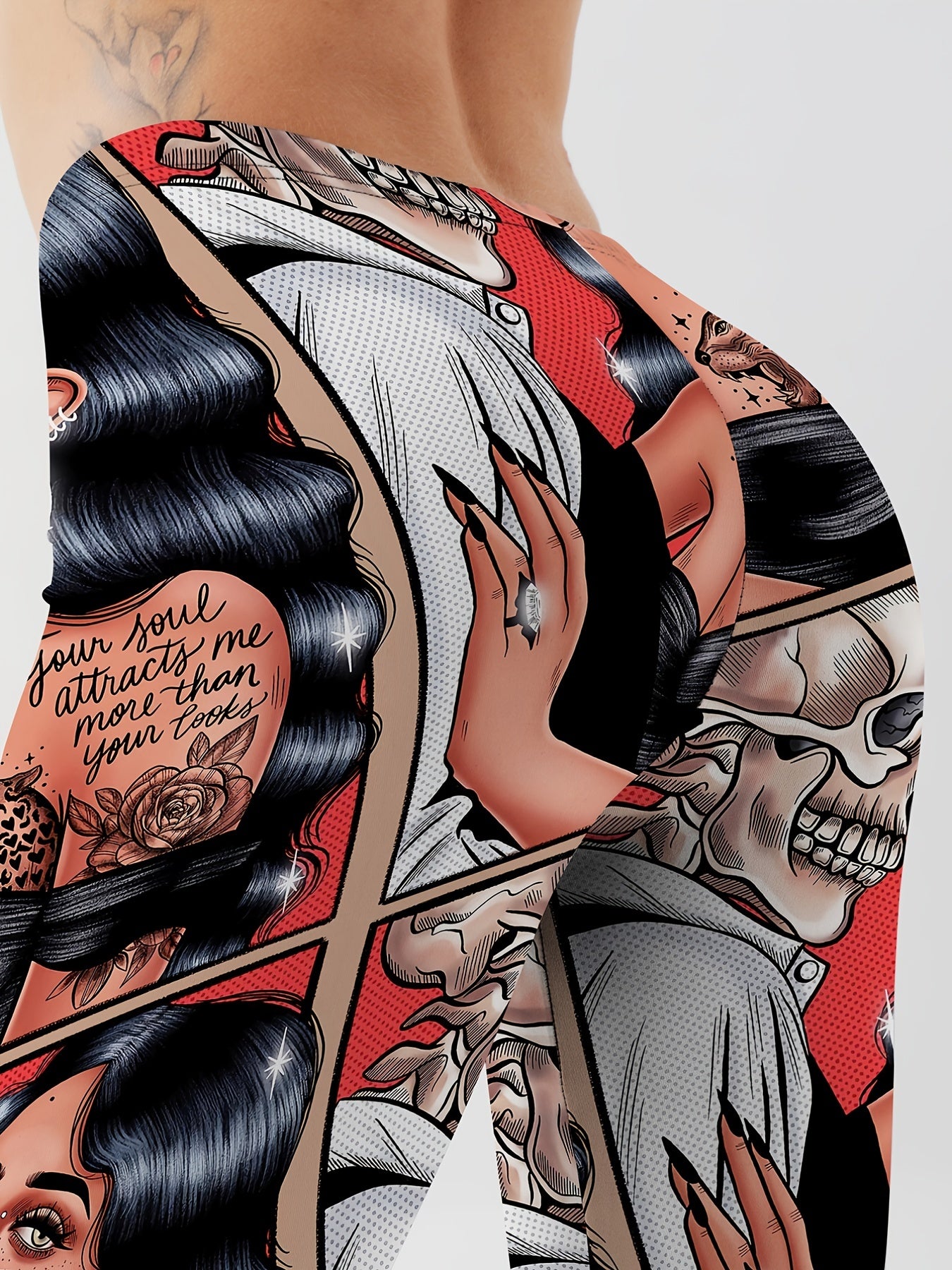 Cartoon Skull Print Yoga Leggings For Halloween High Stretch