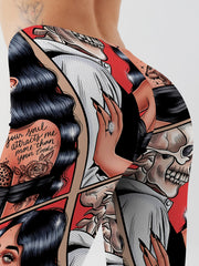 Cartoon Skull Print Yoga Leggings For Halloween High Stretch
