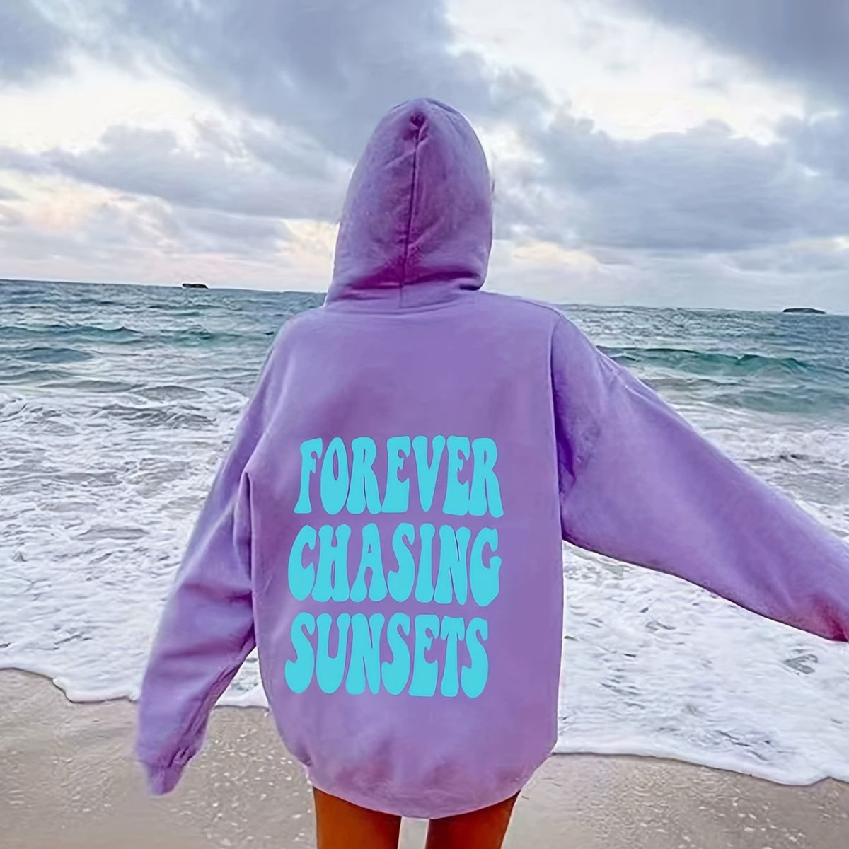 Sunset Print Hoodie Long Sleeve Drawstring Casual Sweatshirt Women