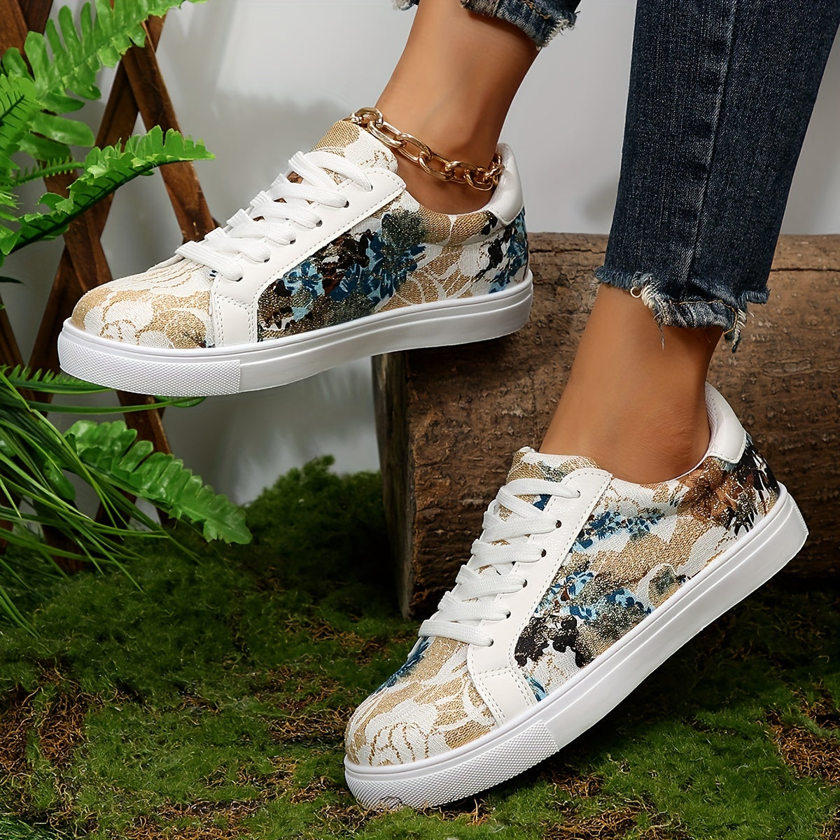 Floral Graphic Lace-Up Sneakers for Women