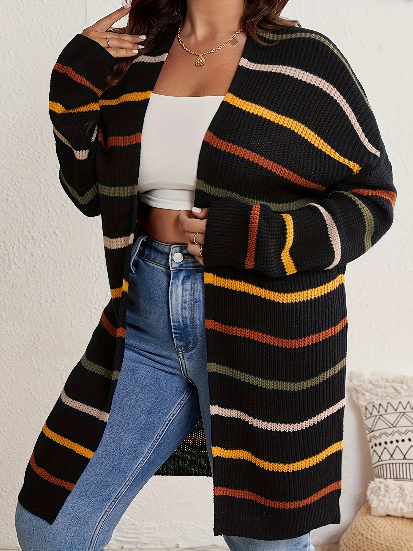  Striped Long Sleeve Open Front Cardigan