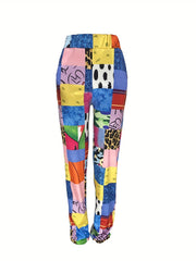  Patchwork Print Straight Leg Stretch Pants