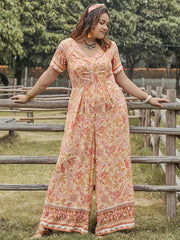  Boho Jumpsuit Floral Print Short Sleeve V-Neck Wide Leg Jumpsuit