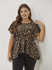  Leopard Print Ruffle Sleeve Peplum Top