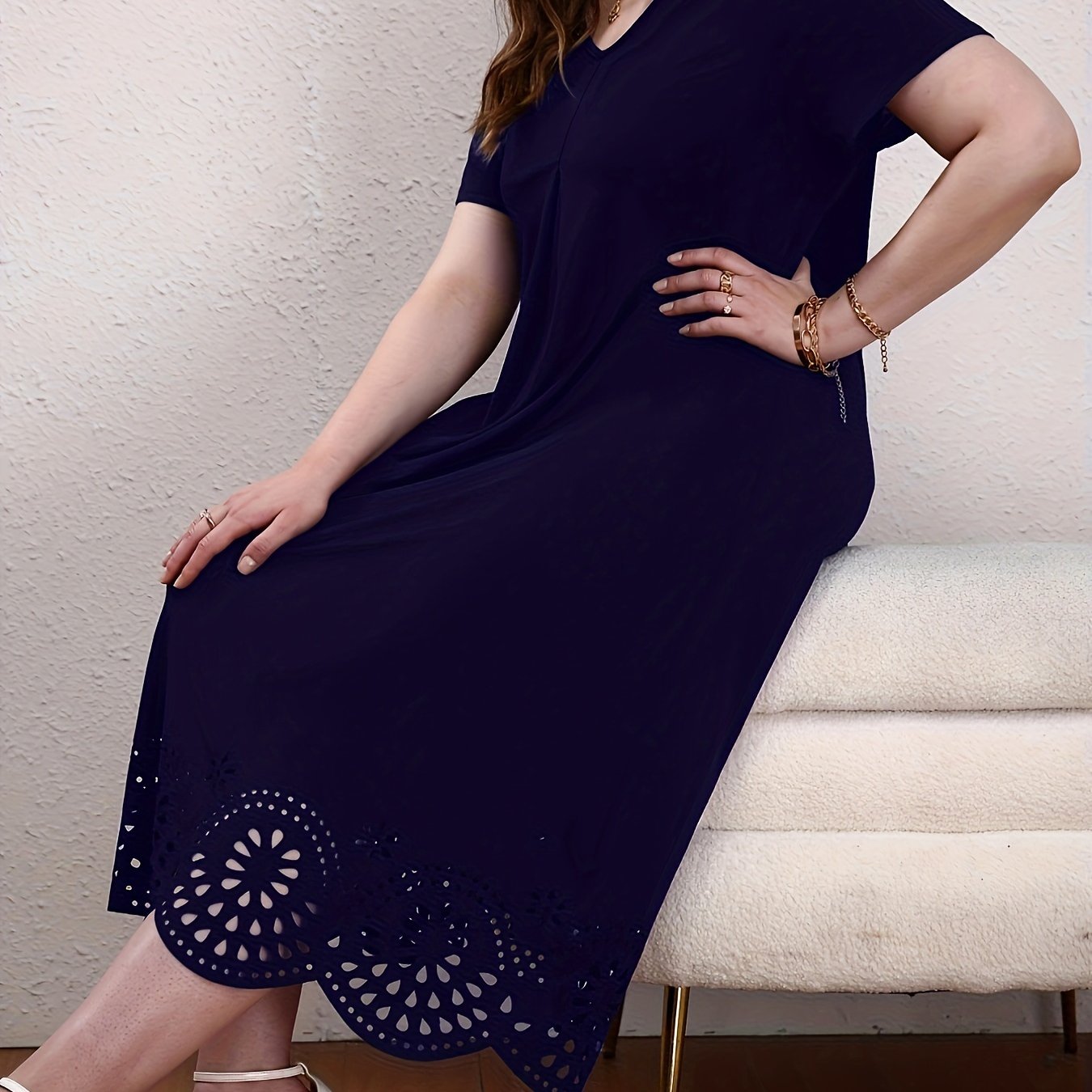  Solid Maxi Dress w/ Scallop Trim Short Sleeves V Neck