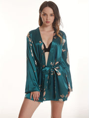 Floral Print Satin Night Robe Long Sleeve V Neck with Belt