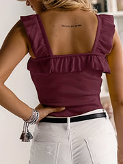 Ruffle Trim Tank Tops Square Neck Sleeveless Cami Top