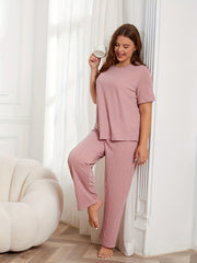 Casual Pajamas Set Solid Textured Short Sleeve Round Neck Top & Pants