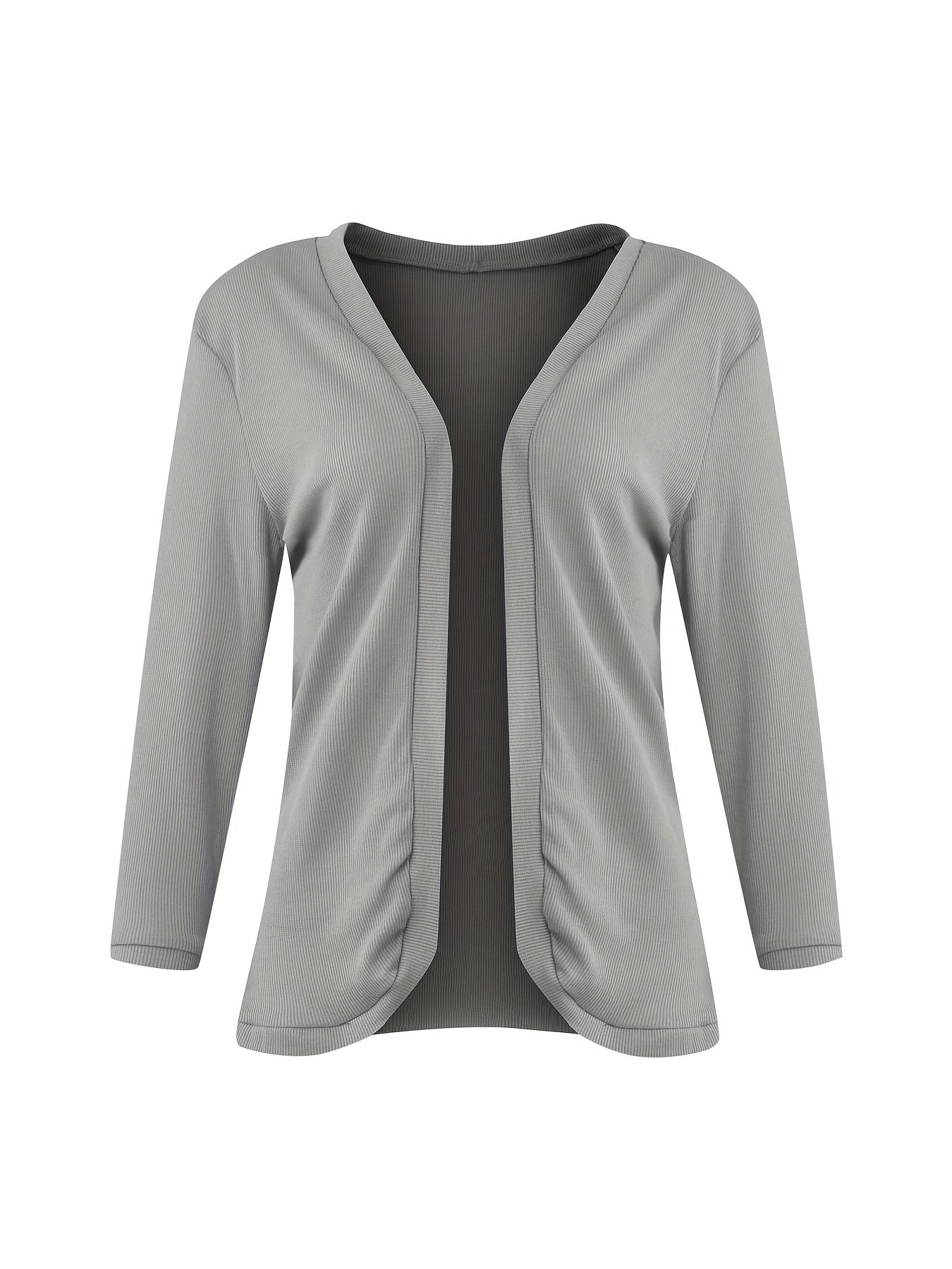  Solid Three Quarter Sleeve Open Front Waffle Knit Cropped Cardigan