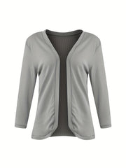  Solid Three Quarter Sleeve Open Front Waffle Knit Cropped Cardigan