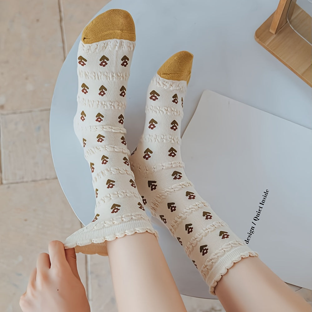 5 Pairs Floral Print Socks Women's Mid Tube Stockings & Hosiery