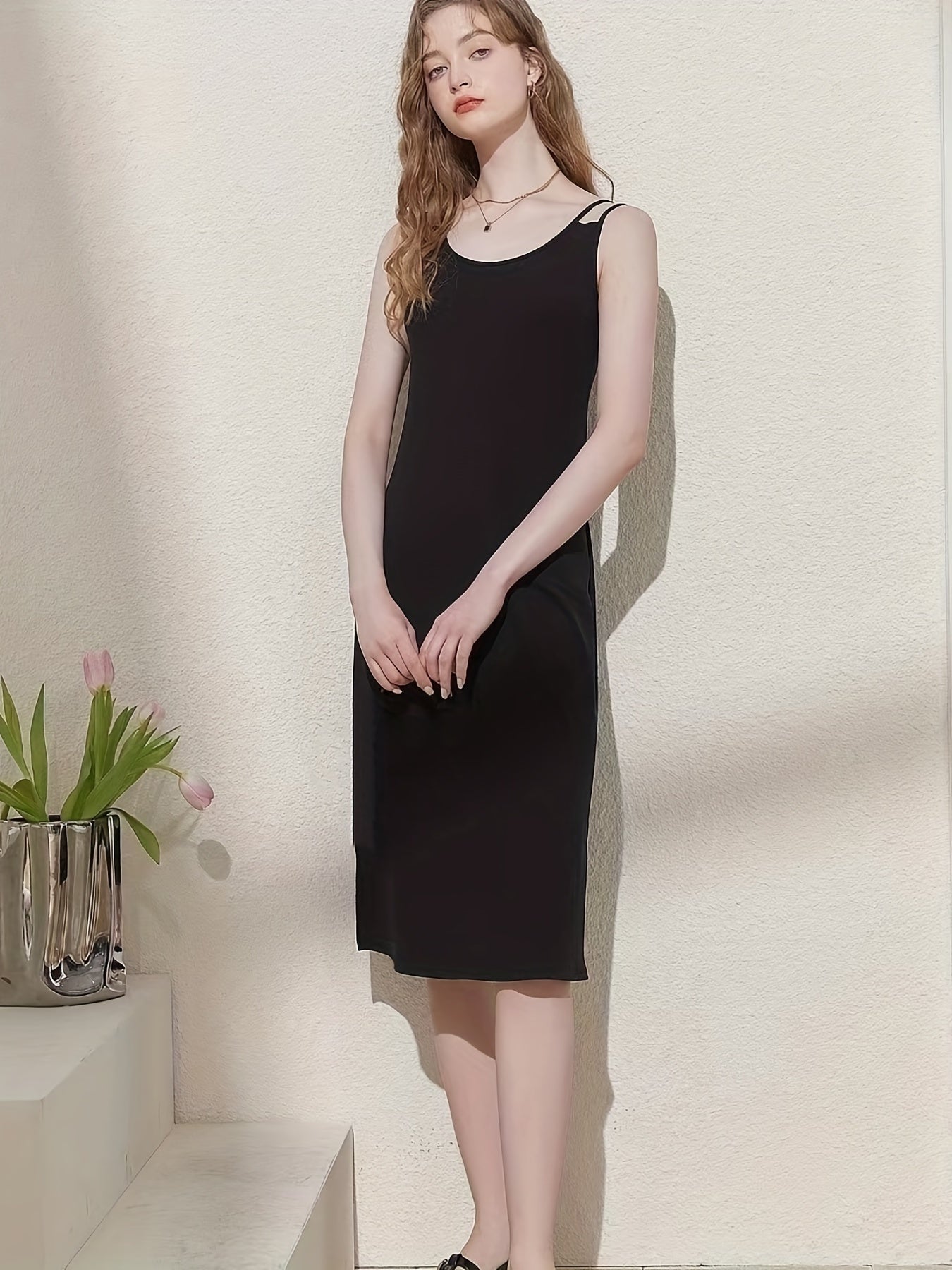 Solid Tank Nightdress Crew Neck Straps Sleep Dress Women's Sleepwear
