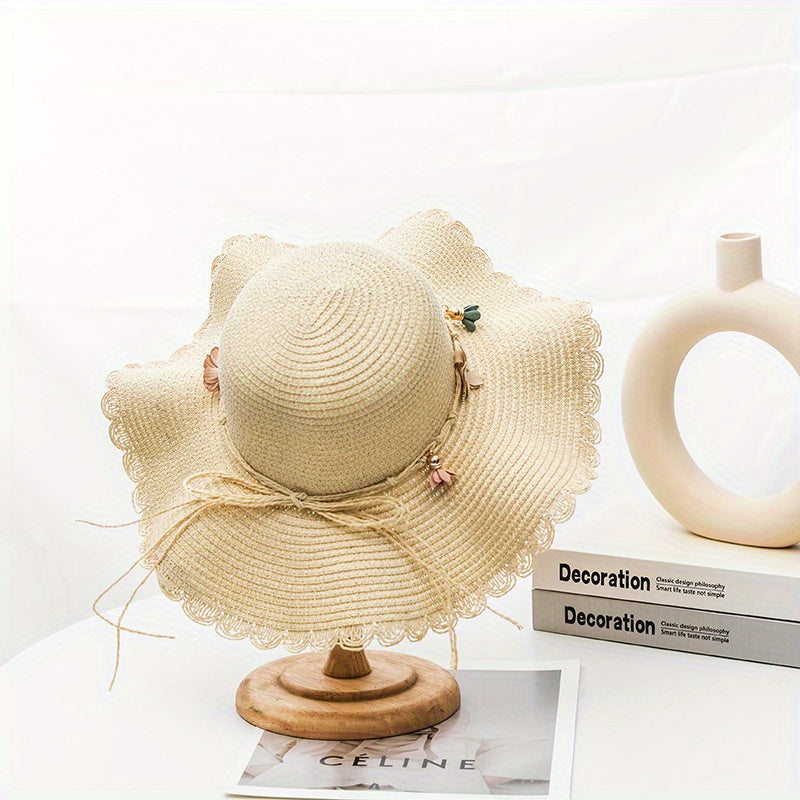 Wide Brim Sun Hat Flower Decor Foldable Travel Beach Hats UV Protection