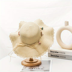 Wide Brim Sun Hat Flower Decor Foldable Travel Beach Hats UV Protection
