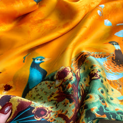 Peacock Floral Silk Satin Large Scarf