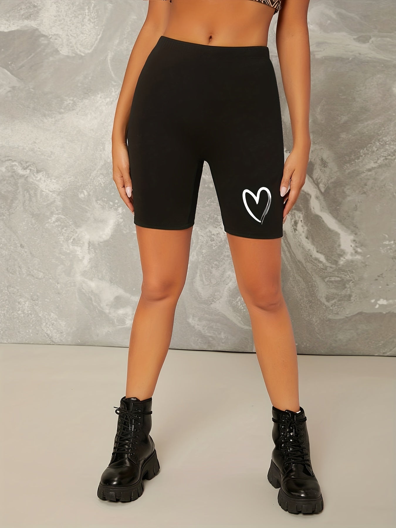 Heart Print High Waist Biker Shorts Women's Clothing