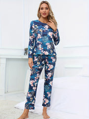 Floral Print Pajama Set Long Sleeve Crew Neck Top & Elastic Waistband Pants
