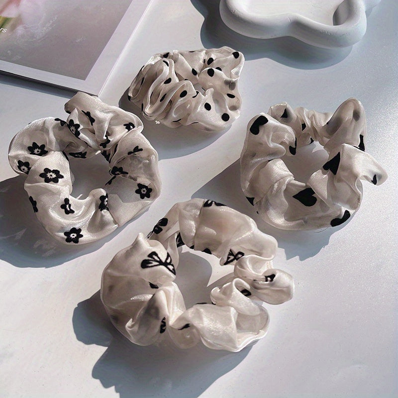 4pcs Polka Dot Scrunchies Hair Tie Organza Hair Rope Flower Print Hair Rope