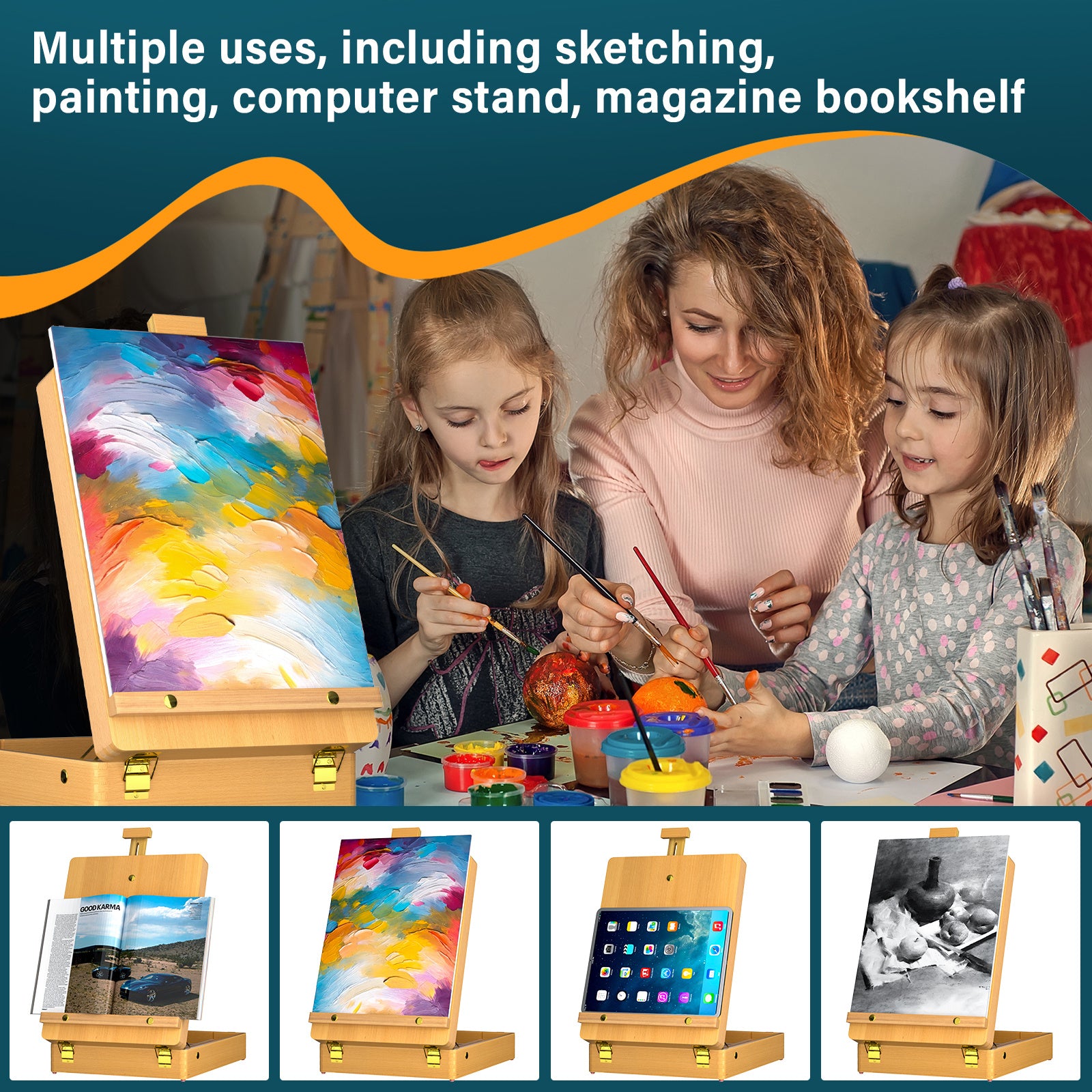 Adjustable Wooden Table Box Easel with Drawer Desktop Easel