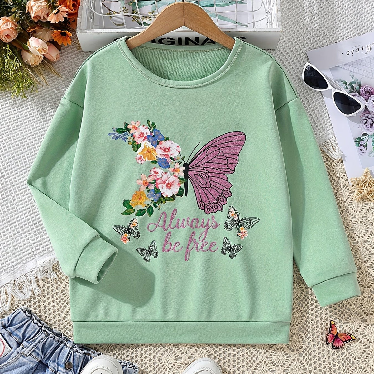 Girls Floral Butterfly Crew Neck Sweatshirt Top Pullover